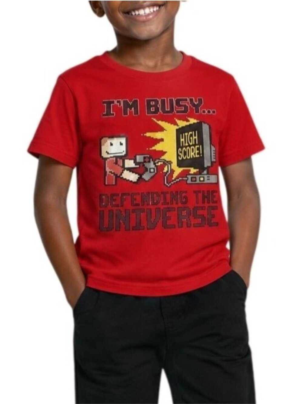 Delta Kids Medium T-Shirt Im Busy Defending The Universe Retro Gamer Graphic Tee